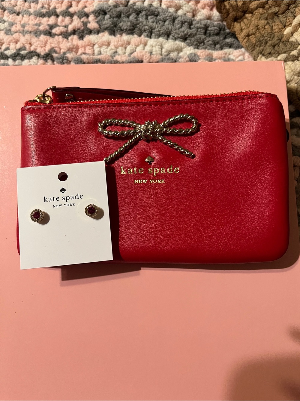 NWOT kate spade Red Leather Gold Tone Bow Zip Wristlet NWT fuchsia clear studs